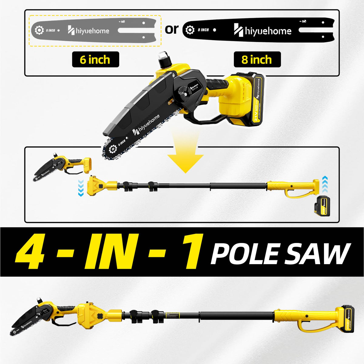 Hiyuehome 21V cordless pole saw with an 8-inch bar for thicker branches.