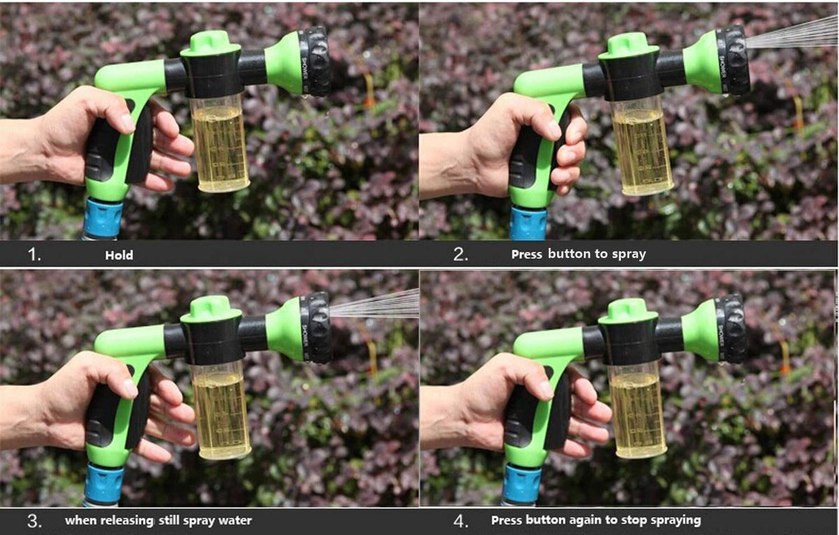 Hjkiopc car washing setup with adjustable foam and water spray.