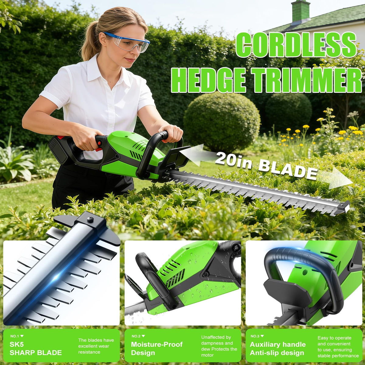 HJLYZYA dual-action 20-inch blade hedge trimmer for fast, precise cuts.