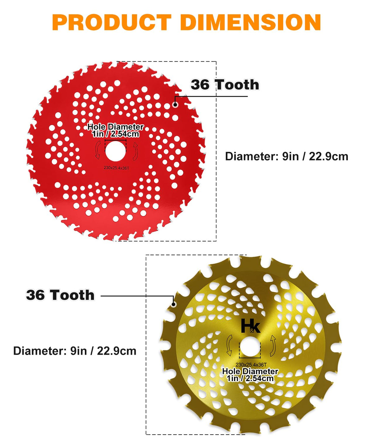 HK 2-pack 9in 36T carbide blade mounted on trimmer gear for quick swaps