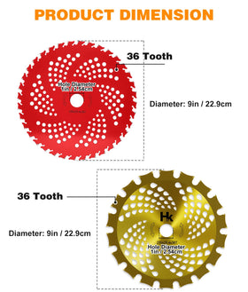 HK 2-pack 9in 36T carbide blade mounted on trimmer gear for quick swaps