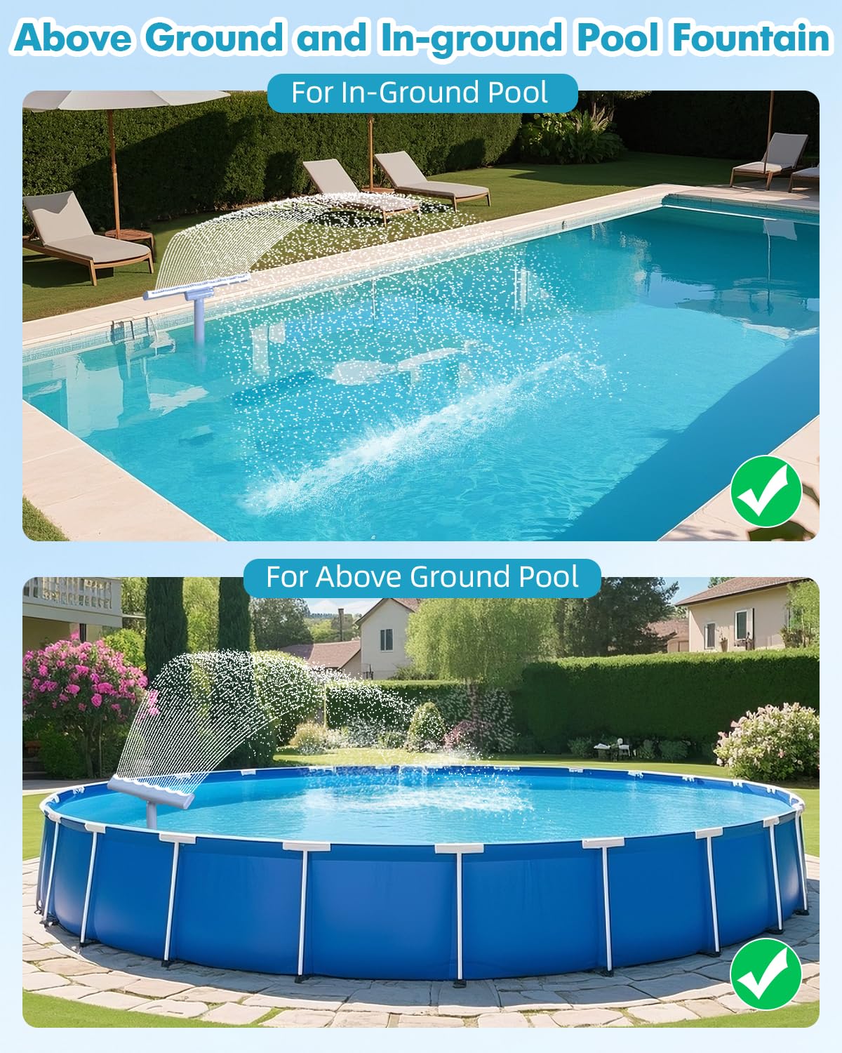 HKQ pool fountain compatibility with standard 1 1/2 inch and 1 1/4 inch fittings enables quick setup