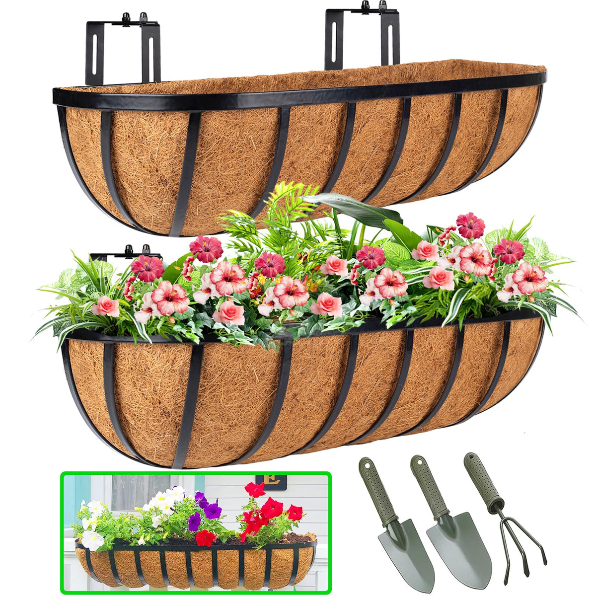 HKZ Deck Balcony Railing Planter 30inch left-side view shows easy railing mounting for balconies.