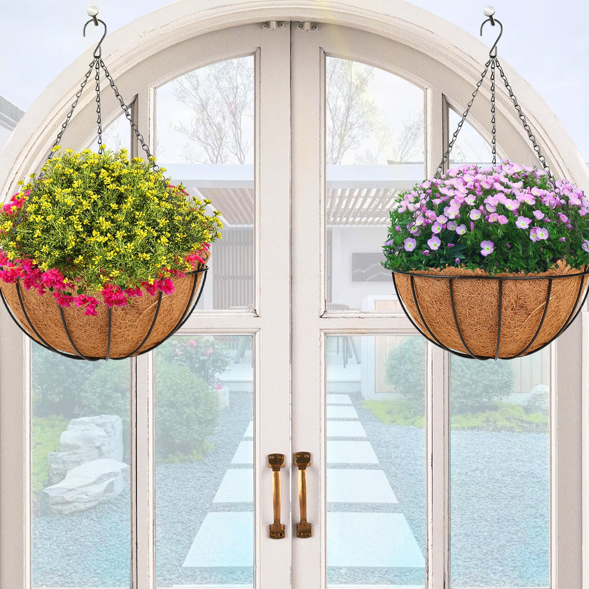 HKZ hanging basket planter with three rust-resistant chains for secure outdoor mounting.