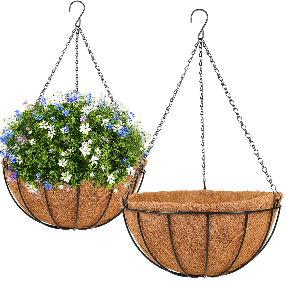 HKZ hanging basket planter with coco liner promotes drainage and airflow.