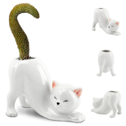 HKZTUY ceramic cat planter on a white desk adds playful indoor charm.