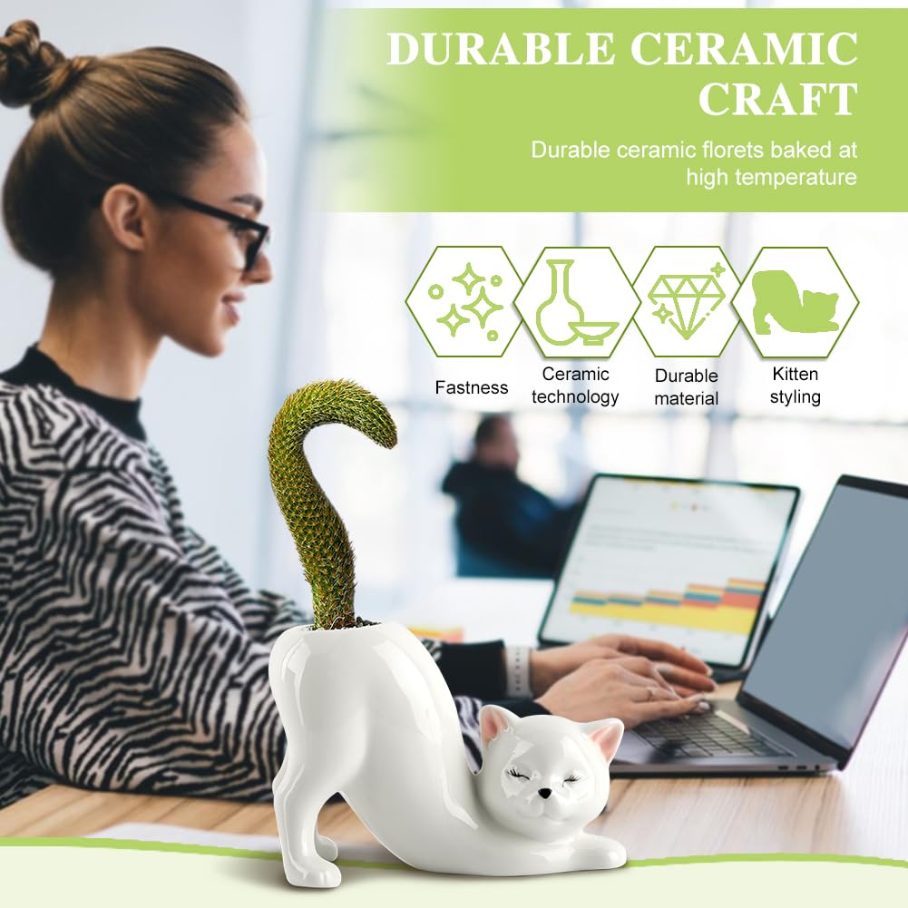 HKZTUY cat planter paired with a tiny succulent creates a cute desk display.