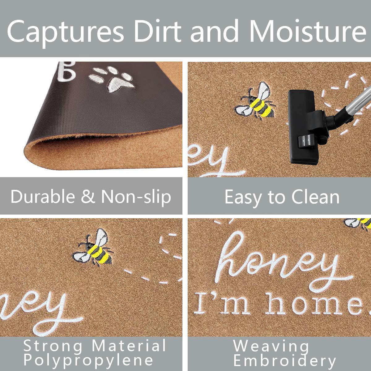 HLFMVWE Bee Door Mat brown features non-slip backing to protect floors indoors and outdoors.