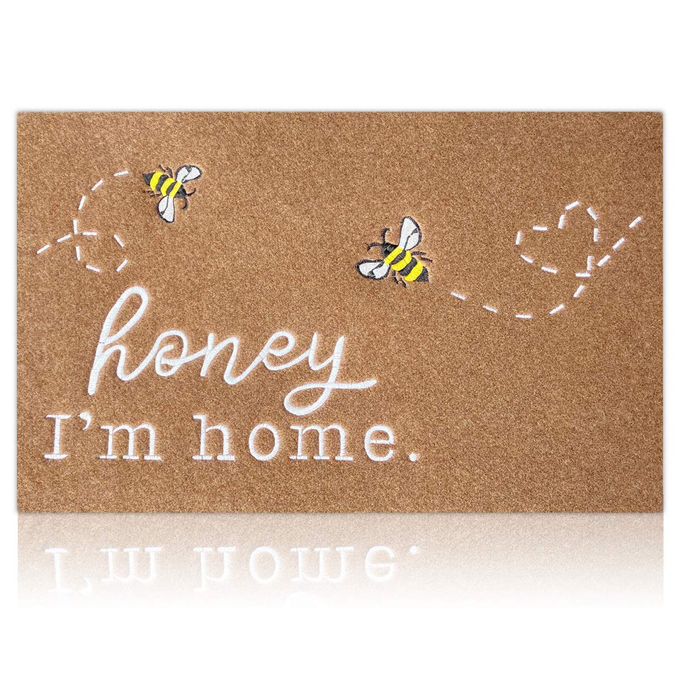 HLFMVWE Bee Door Mat brown welcomes guests at the front door with non-slip backing for indoor and outdoor entry.