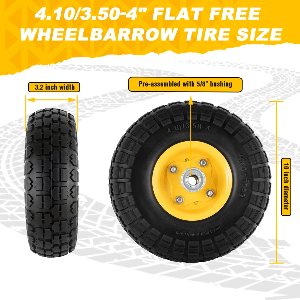 HLHgirl 10-inch flat-free tire tread pattern for improved grip.
