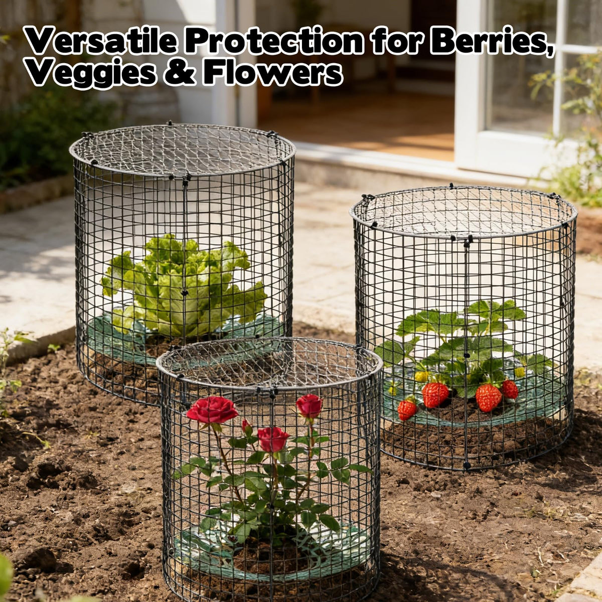 Hlimior strawberry plants protected by round cages during growing season