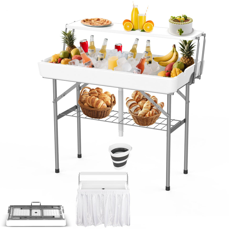 HLPB 4ft party ice cooler table with folding top, ready for events