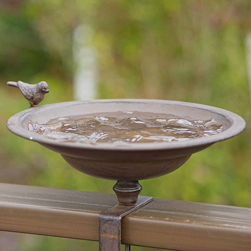 HLQMFHT 12.2-inch deck bird bath with rust-proof metal finish invites feathered visitors