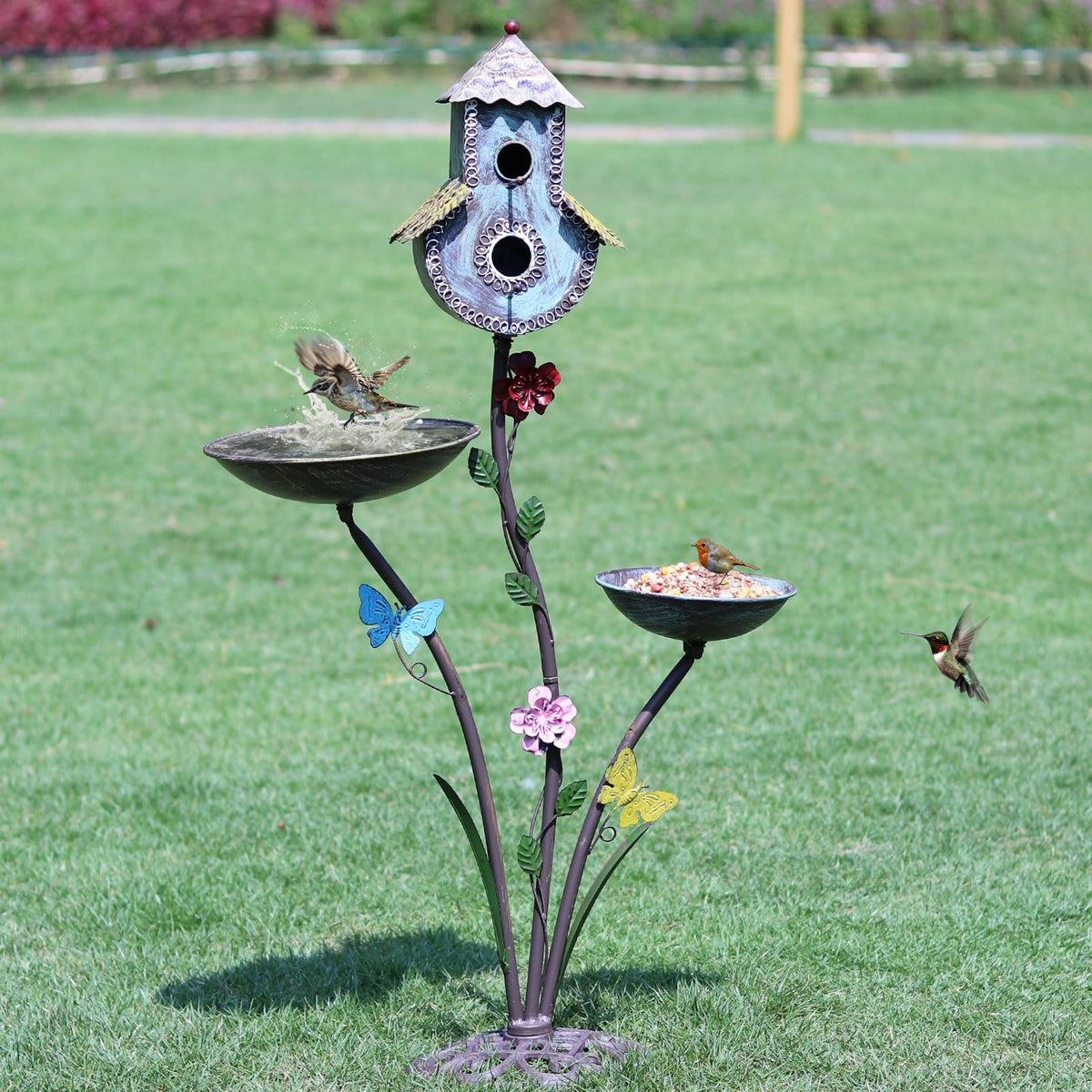HLQMFHT 38in outdoor birdbath on a sturdy stand, built to endure weather.