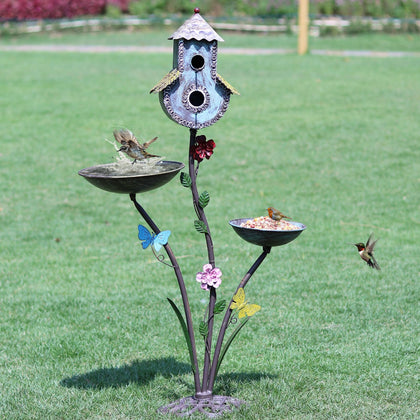 HLQMFHT 38in outdoor birdbath on a sturdy stand, built to endure weather.