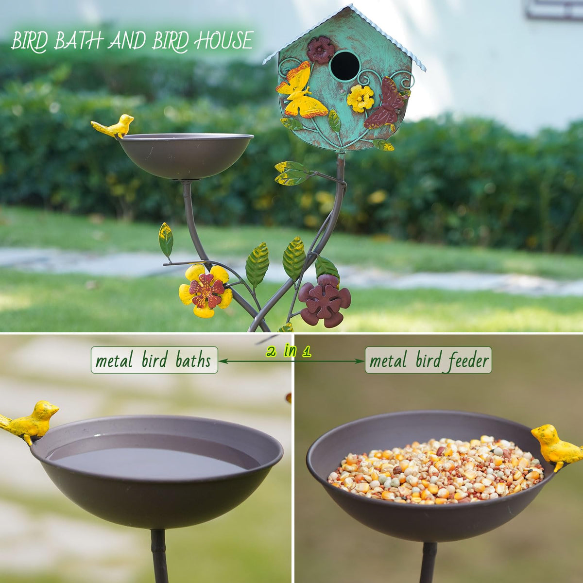 HLQMFHT metal bird bath edge detail enhances garden decor while supporting bathing and feeding.