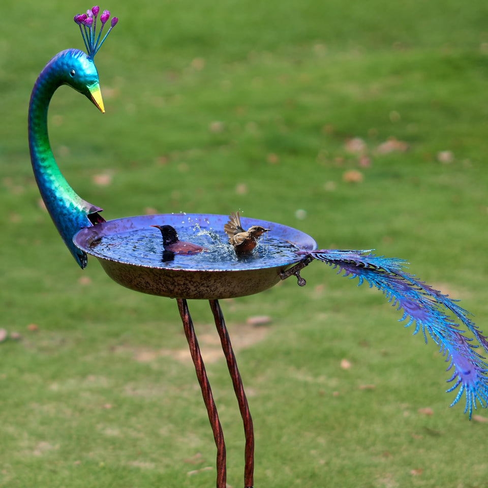 HLQMFHT Peacock bird bath stand full view highlights outdoor decor and bird attraction.