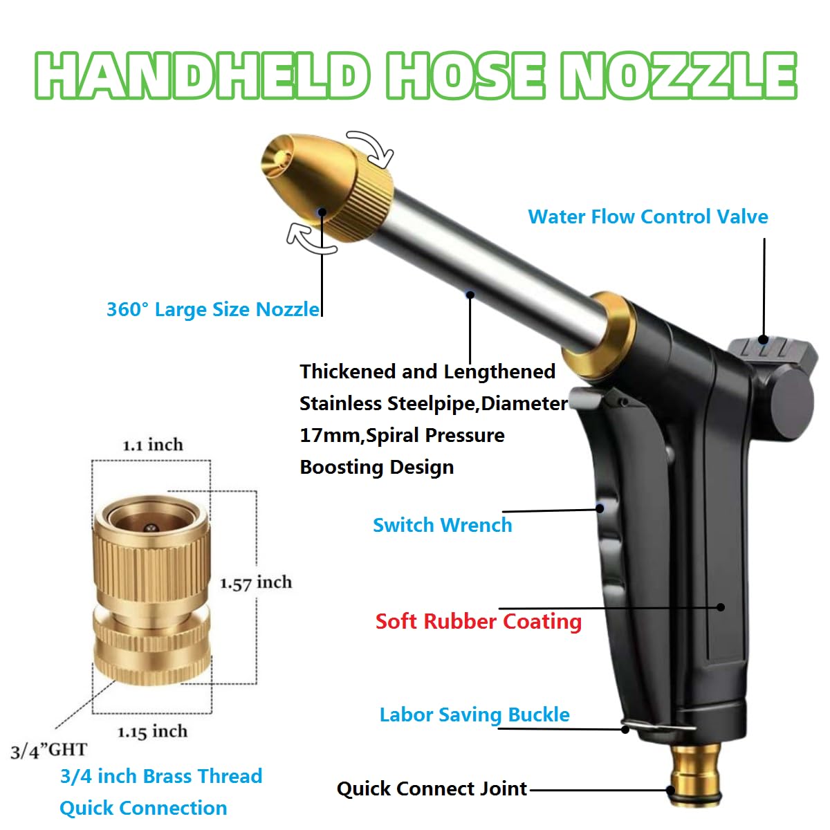 Flow-control system with soft rubber coating for comfortable grip and efficiency.