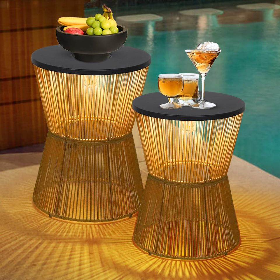 HMVPL solar outdoor side table with dimmable light for cozy patio ambiance.
