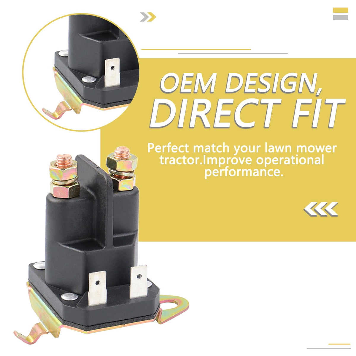HNeekyr starter solenoid with top terminals for easy mounting and access.