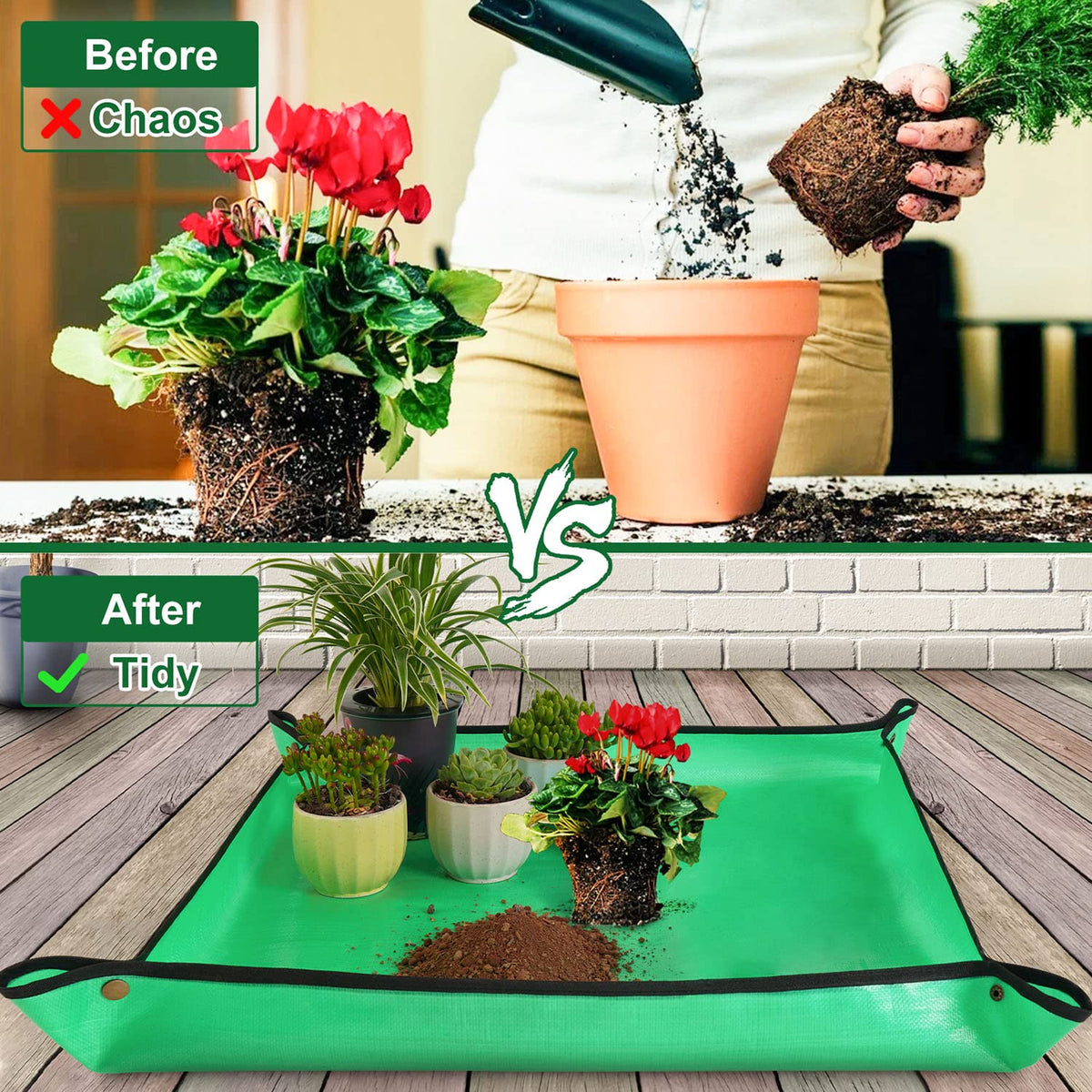 HNXTYAOB repotting mat laid flat on a counter during transplanting