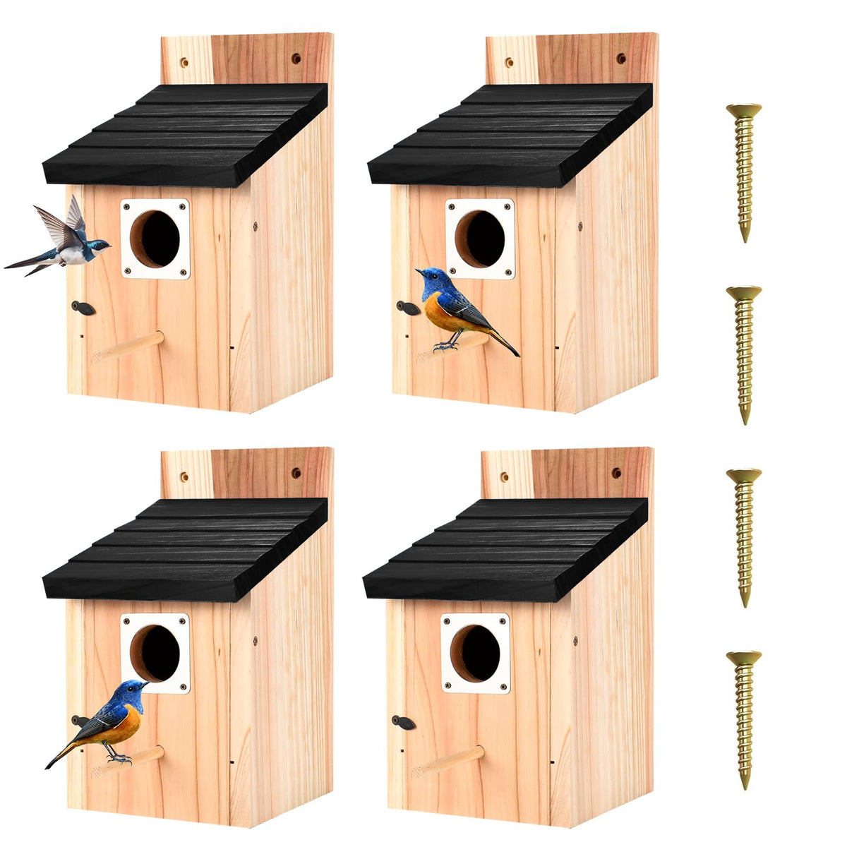 hoamayya four-pack black wooden birdhouses outdoors, sturdy and weather-resistant for backyard birds