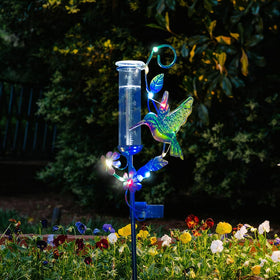 HOBYLUBY garden stakes secure the rain gauge outdoors.