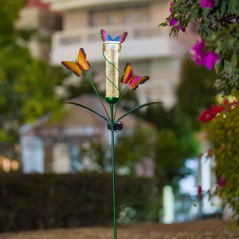 Decorative leaves and butterfly rain gauge adds charm to outdoor space