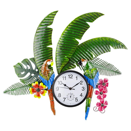 HOBYLUBY parrot outdoor clock dial detail, precise time outdoors.