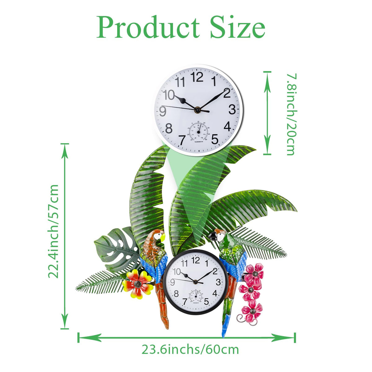 HOBYLUBY parrot outdoor clock thermometer, reads outdoor temperature for comfort.