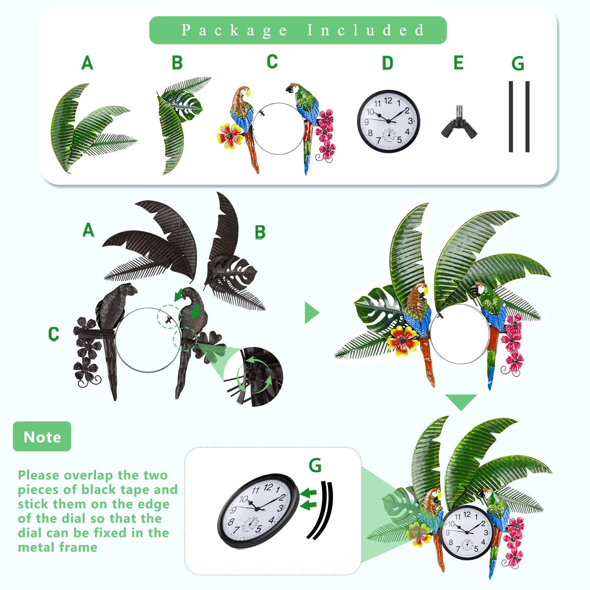 HOBYLUBY patio clock parrot detail, enhances backyard ambiance.