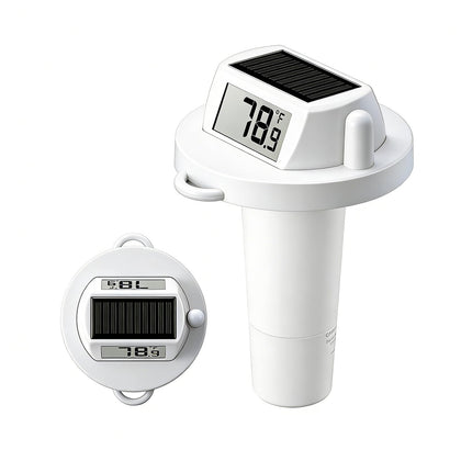 HODIK pool thermometer floating with double-sided display for deck-side readability.