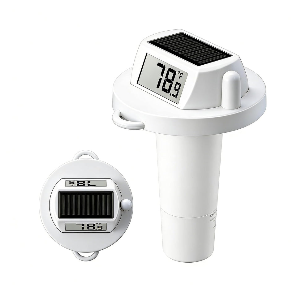 HODIK pool thermometer floating with double-sided display for deck-side readability.