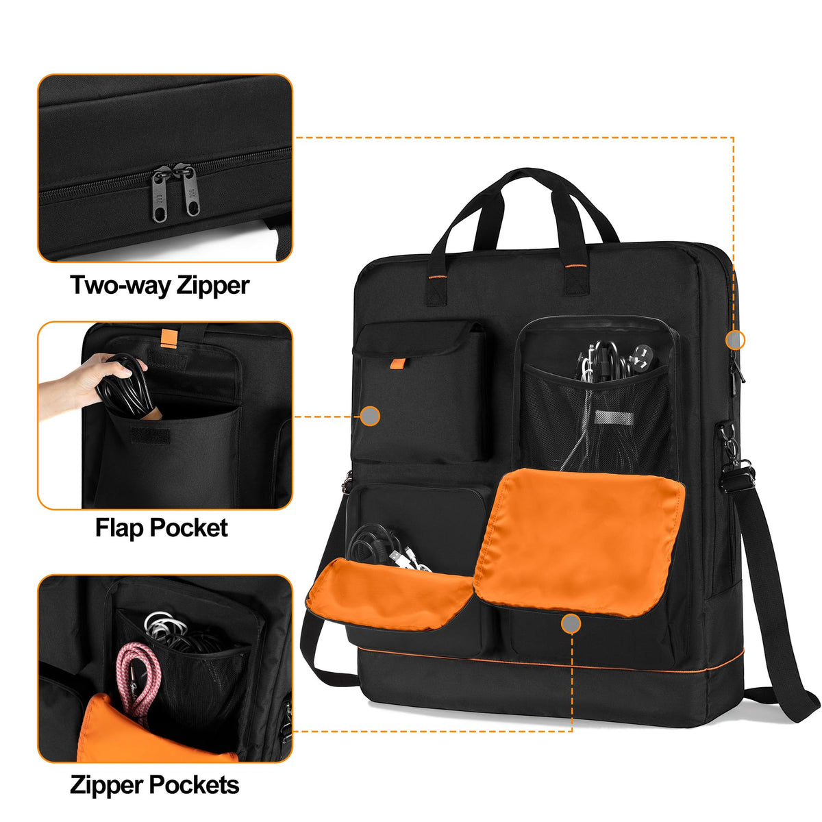 HODRANT bag front pockets demonstrating extra organizer space for cables and devices