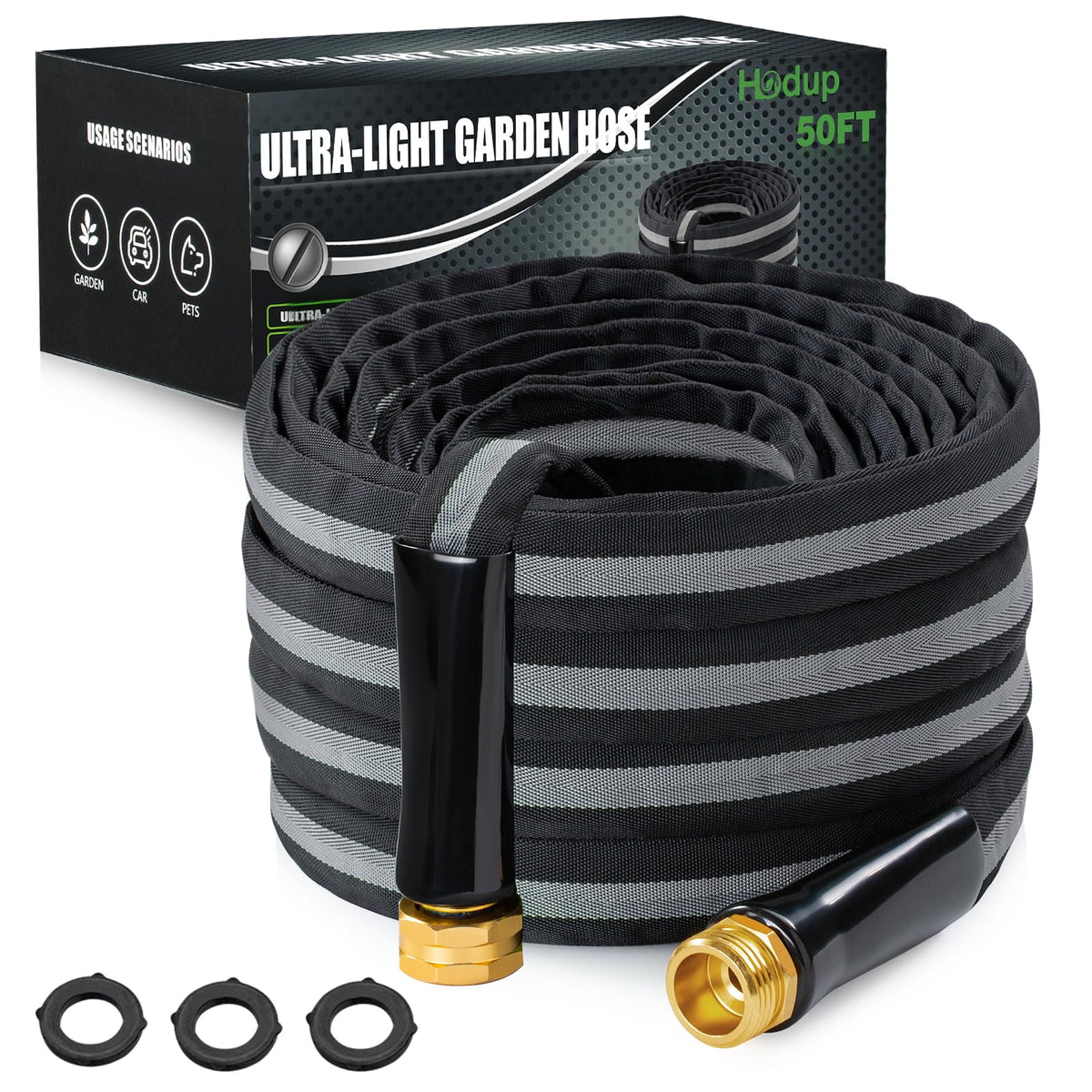 HODUP 50ft fabric garden hose coiled for easy storage and maneuverability