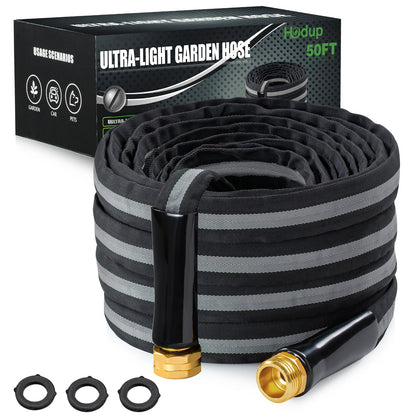 HODUP 50ft fabric garden hose coiled for easy storage and maneuverability