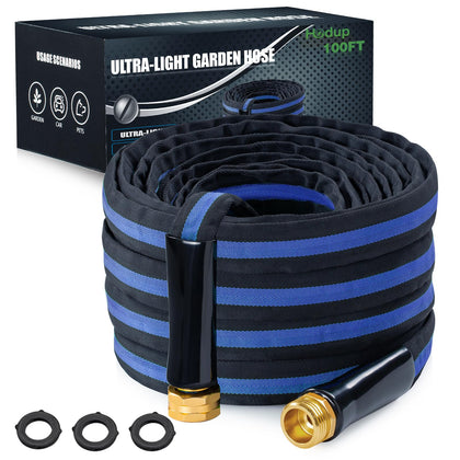 HODUP ultra lightweight 100ft garden hose coiled for easy storage and portability.