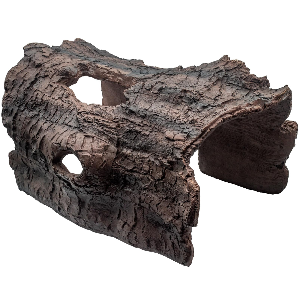 Hoeine faux log fish cave shown in a koi pond with safe retreat for fish.