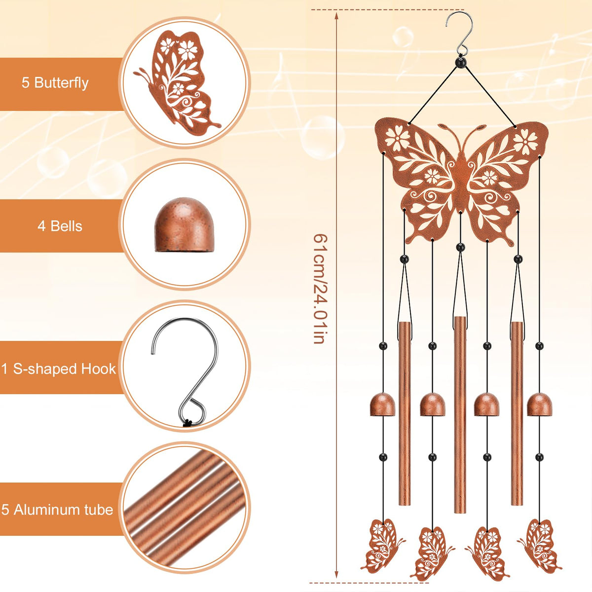Hoemwarm butterfly wind chime bells and tubes provide gentle, melodic accents.