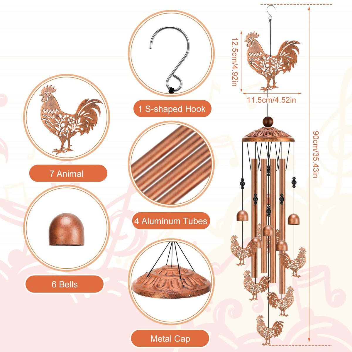 Hoemwarm wind chime with smaller chickens below adds playful rhythm to garden