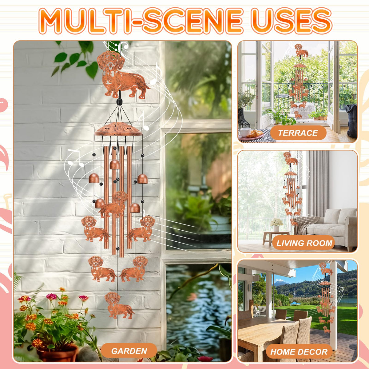 Hoemwarm dachshund windchime's four aluminum tubes deliver bright, melodic notes in the breeze.