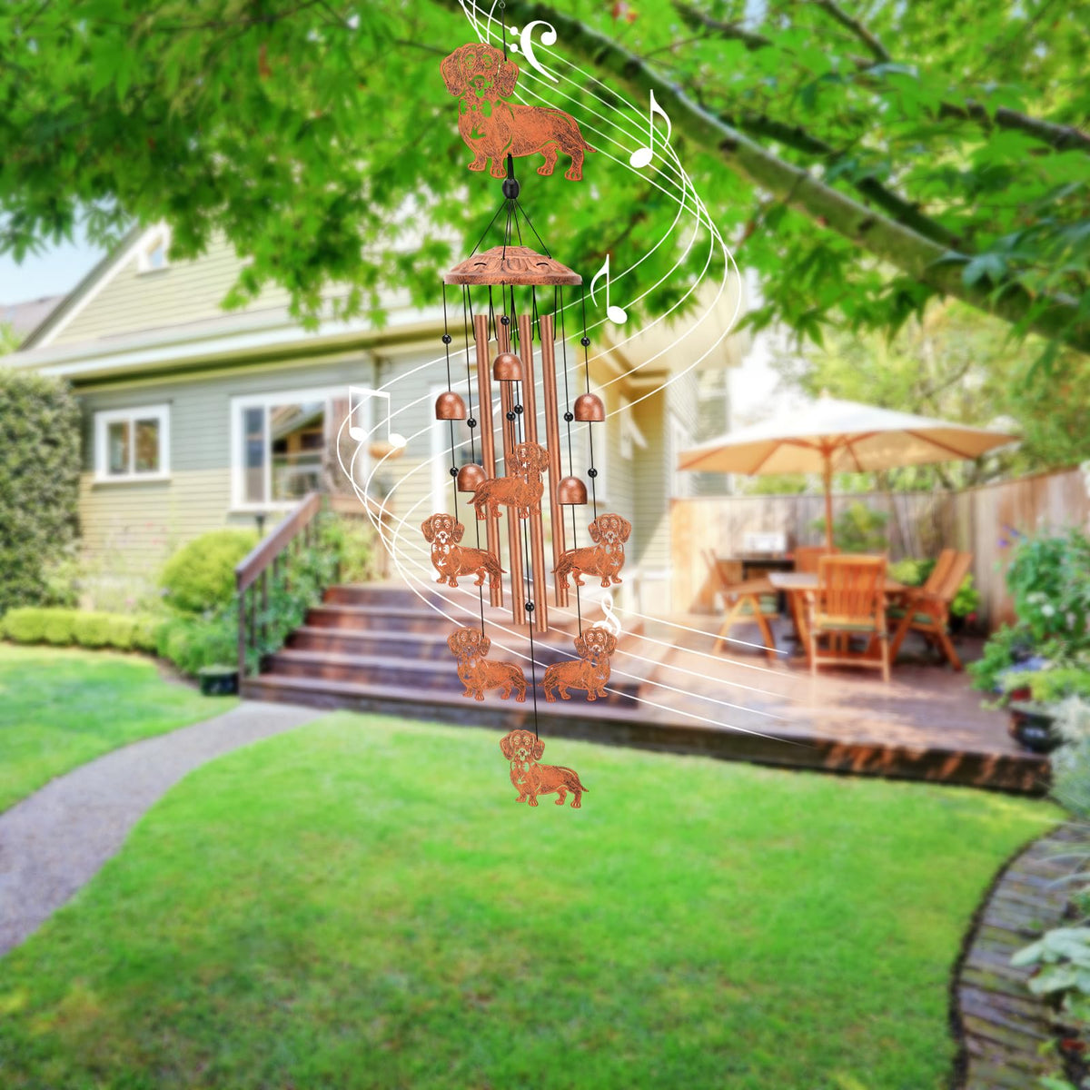 Hoemwarm windchime is easy to hang on a garden hook for quick ambiance.