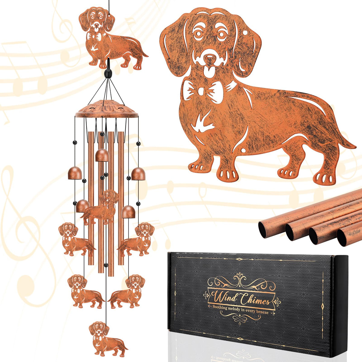 Hoemwarm dachshund windchime with seven figures adds playful outdoor charm.