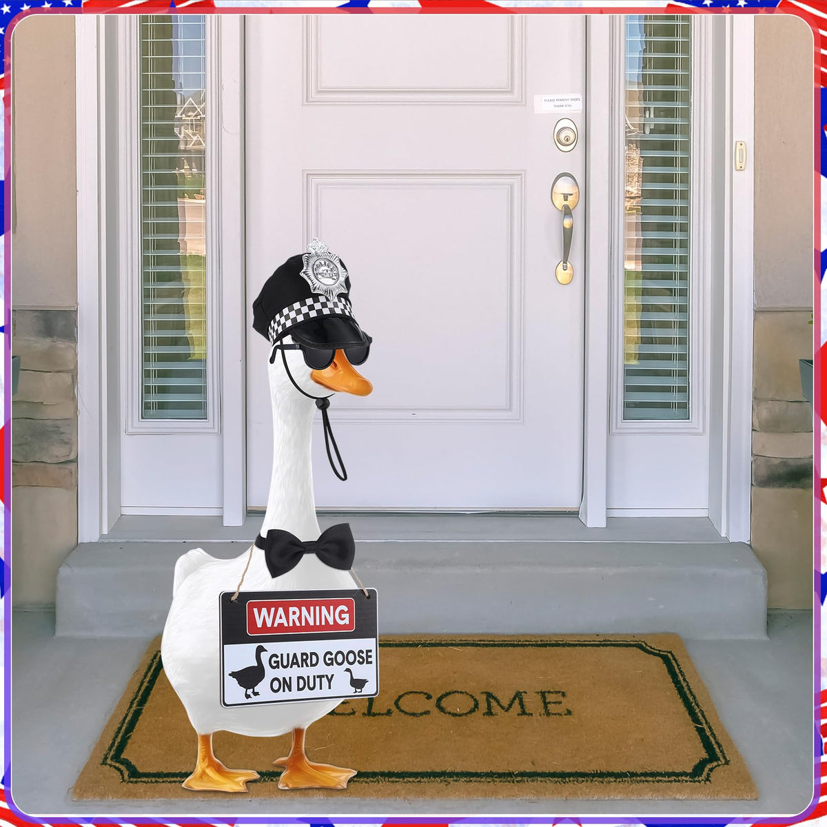 Hoemwarm goose display with outfits creates versatile lawn decor for events.