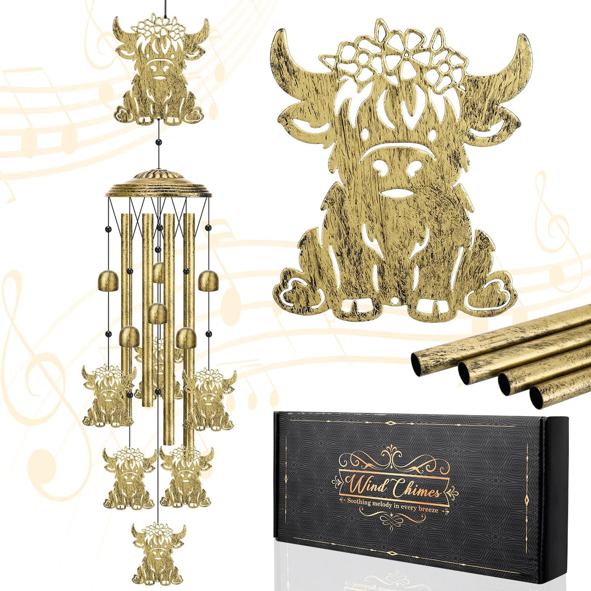 Hoemwarm Highland Cow wind chime outdoors adds rustic garden charm.