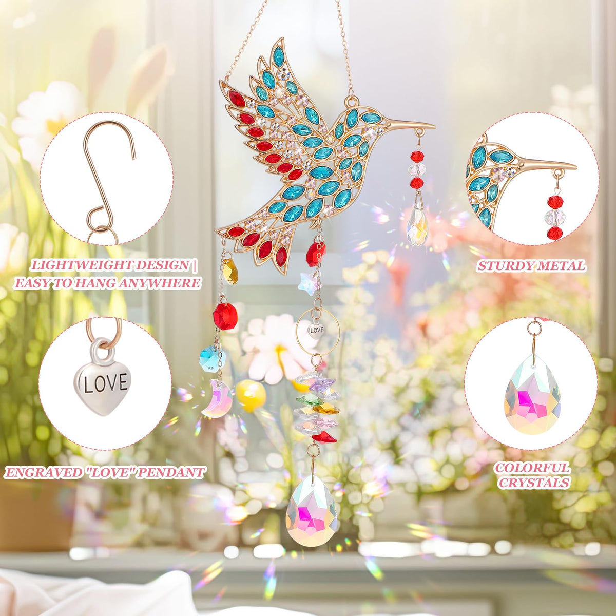 Crystal rainbow effect from Hoemwarm hummingbird sun catcher in gold