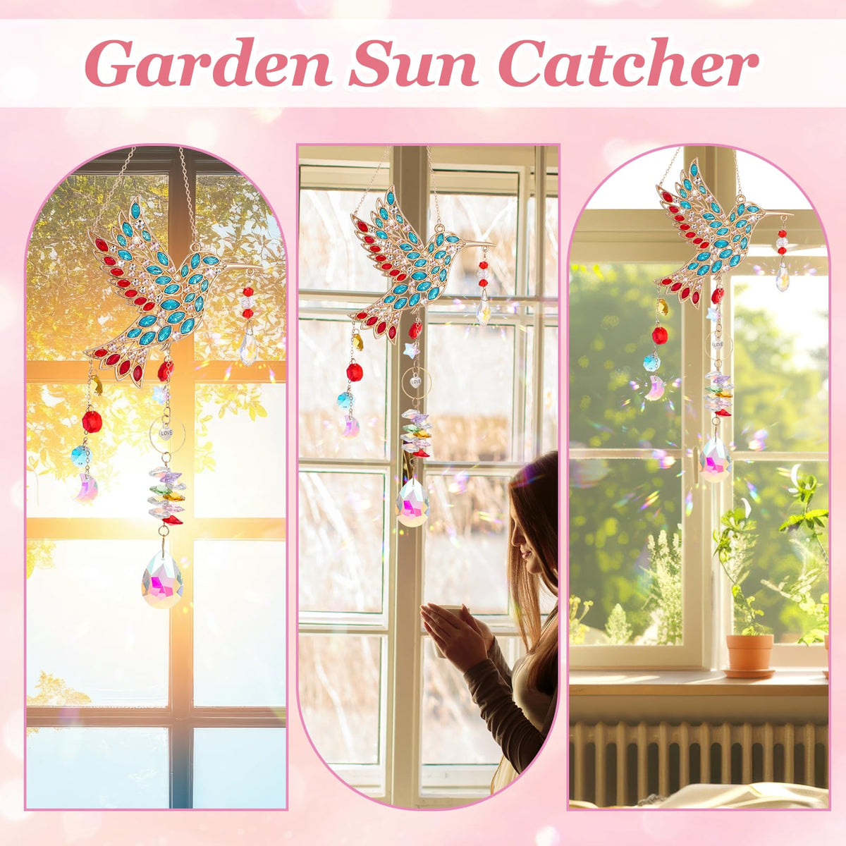 Hoemwarm hummingbird sun catcher window display in gold for rainbow light