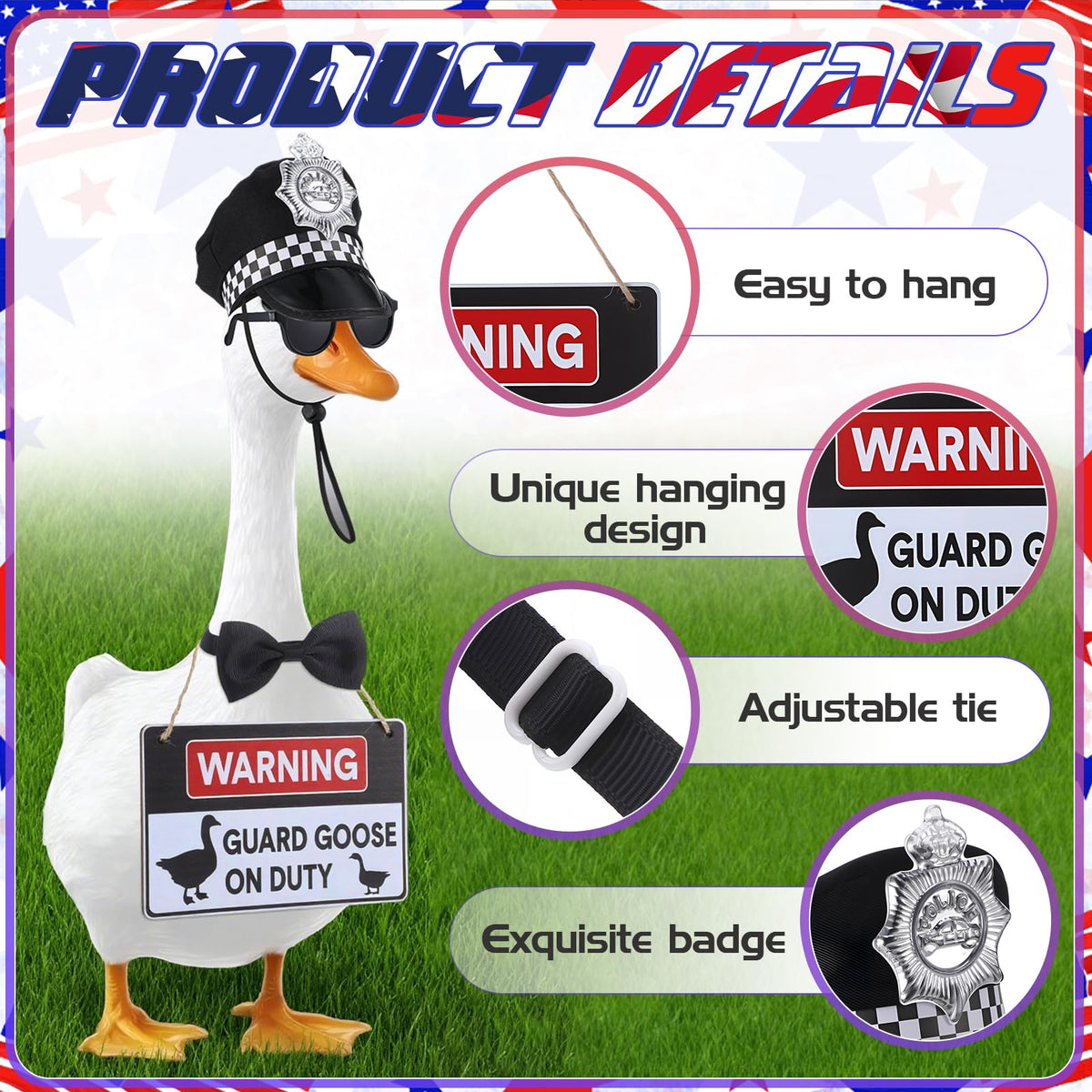Hoemwarm police goose bow tie provides adjustable fit for porch geese.