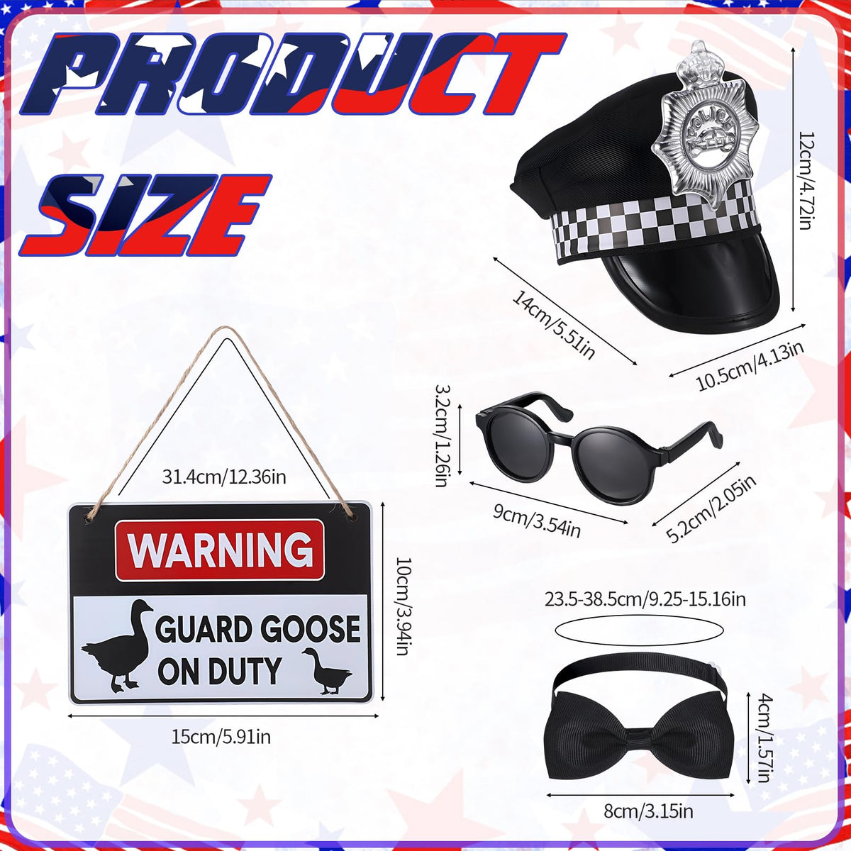 Hoemwarm police goose glasses add humorous detail to outdoor statue decorations.