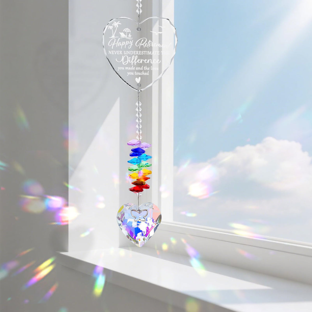 Hoemwarm crystal sun catcher creates vibrant rainbow reflections.